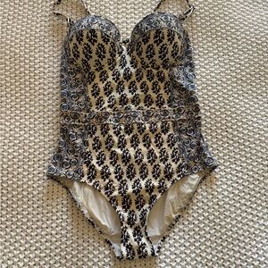 Tory Burch Black and Cream Printed One-Piece Swimsuit